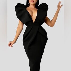 Women’s sexy deep V neck puff sleeve side split ruched backless gown dress